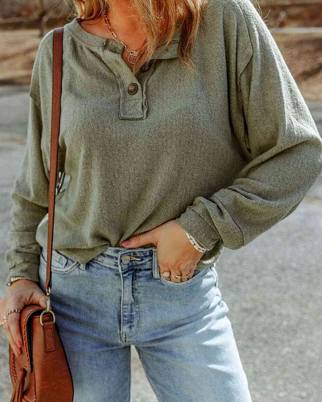 Buttoned Round Neck Long Sleeve Top