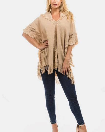 Fringed Crochet Buttoned Hooded Poncho