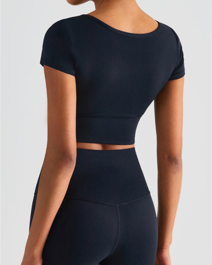 Notched Neck Short Sleeve Cropped Sports Top