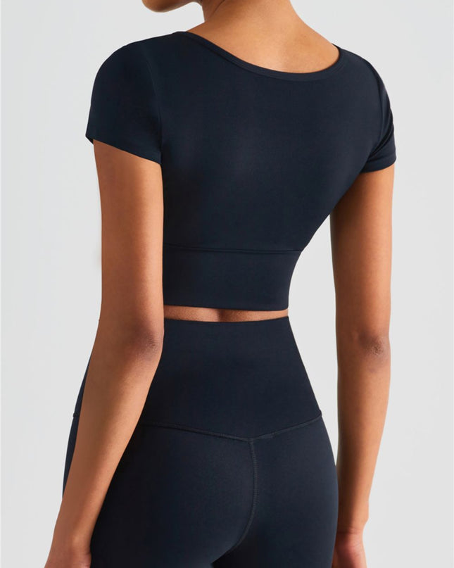 Notched Neck Short Sleeve Cropped Sports Top