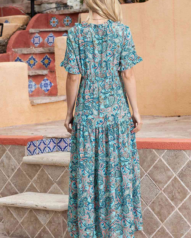 Paisley Print Flounce Sleeve Maxi Dress