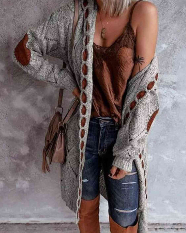 Openwork Long Sleeve Open Front Hooded Cardigan