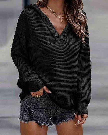 Ribbed Fringed V-Neck Hooded Sweater