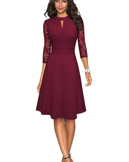 Round Neck Three-Quater Sleeve Cutout Dress