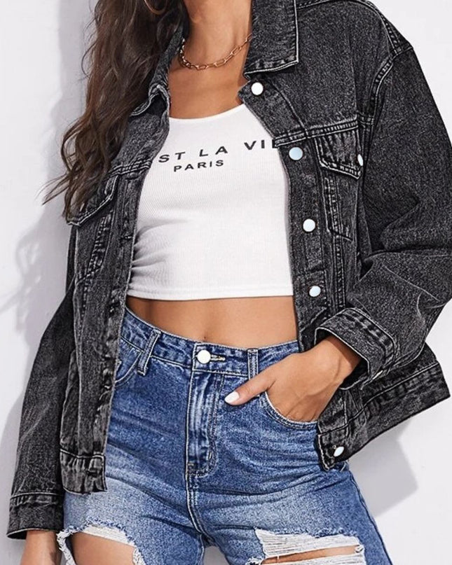 Collared Neck Dropped Shoulder Button-Down Denim Jacket