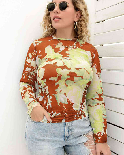 Plus Size Printed Round Neck Long Sleeve Blouse