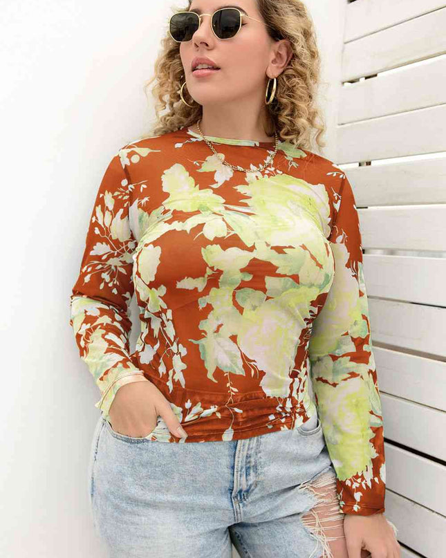 Plus Size Printed Round Neck Long Sleeve Blouse