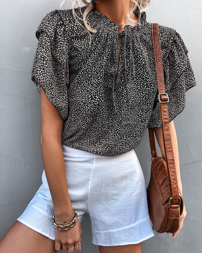 Printed Flutter Sleeve V-Neck Top