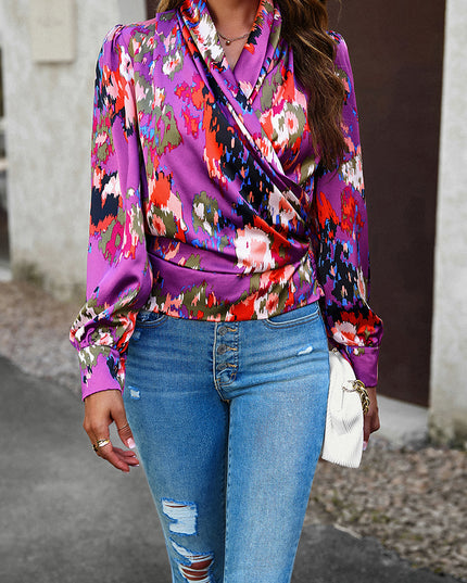Printed Surplice Neck Long Sleeve Blouse