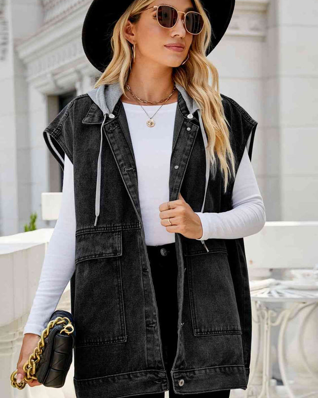 Hooded Sleeveless Denim Top with Pockets
