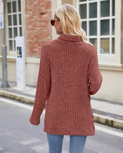 Ribbed Turtleneck Long Sleeve Slit Knit Top