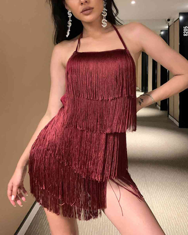 Fringed Halter Neck Tied Back Mini Dress