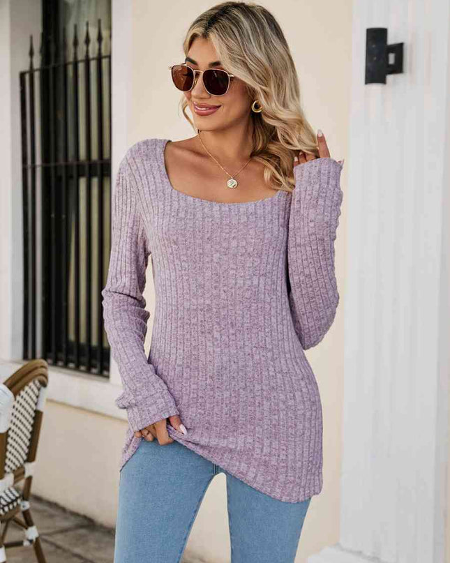 Square Neck Ribbed Long Sleeve T-Shirt