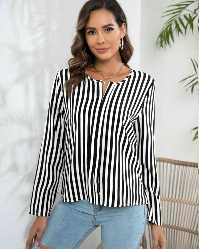 Striped Long Sleeve Notched Blouse