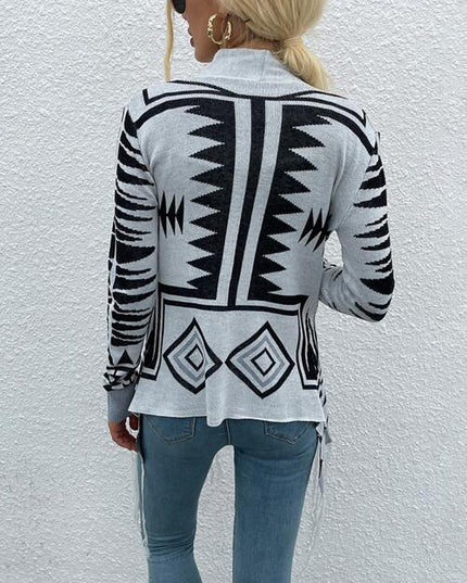 Geometric Fringe Hem Open Front Cardigan