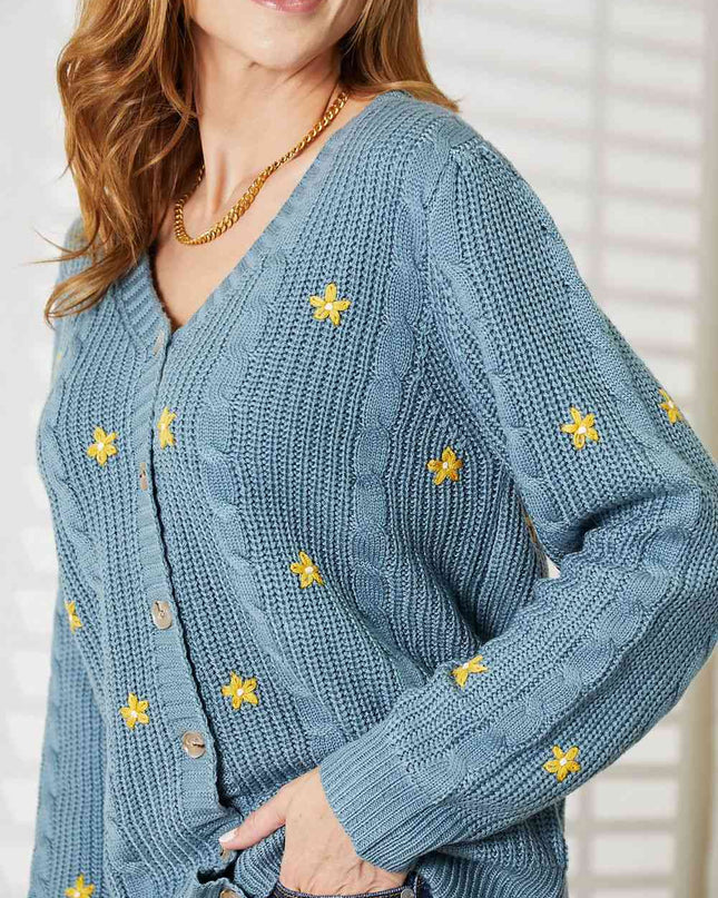 HEYSON Full Size Floral Embroidered Cable Cardigan