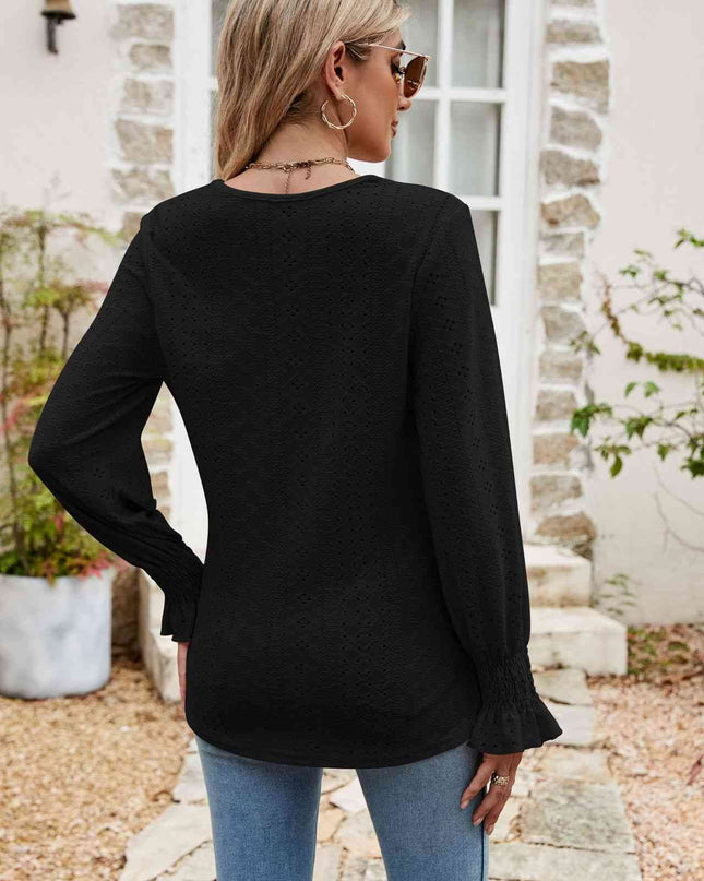 Eyelet Flounce Sleeve V-Neck Blouse