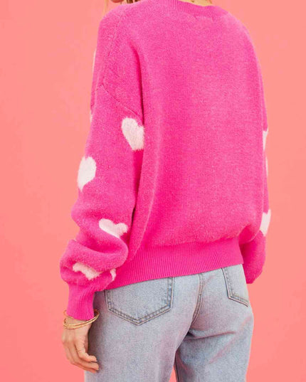 Heart Round Neck Drop Shoulder Sweater