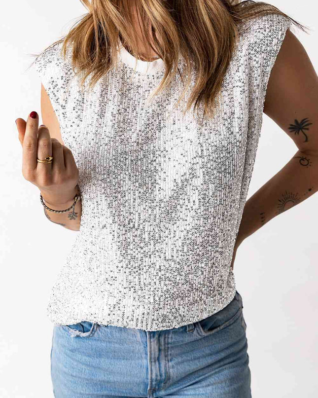 Sequin Round Neck Capped Sleeve Tank