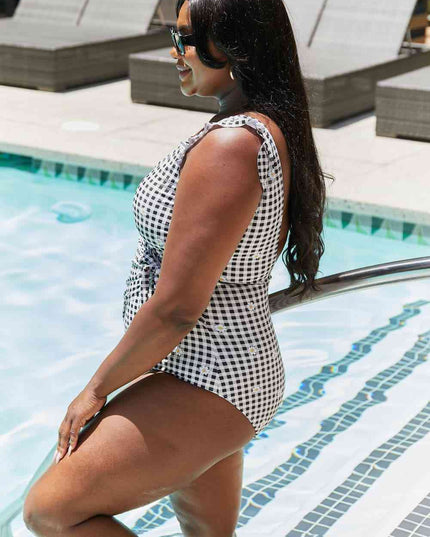 Marina West Swim Full Size Float On Ruffle Faux Wrap One-Piece in Black