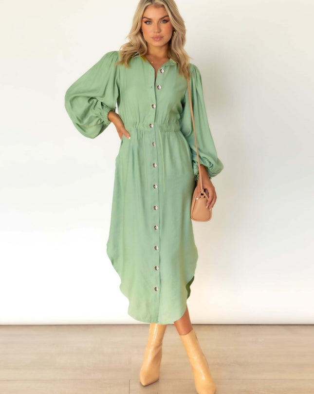 Drawstring Button Up Balloon Sleeve Dress