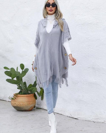 Fringe Trim Buttoned Hooded Poncho