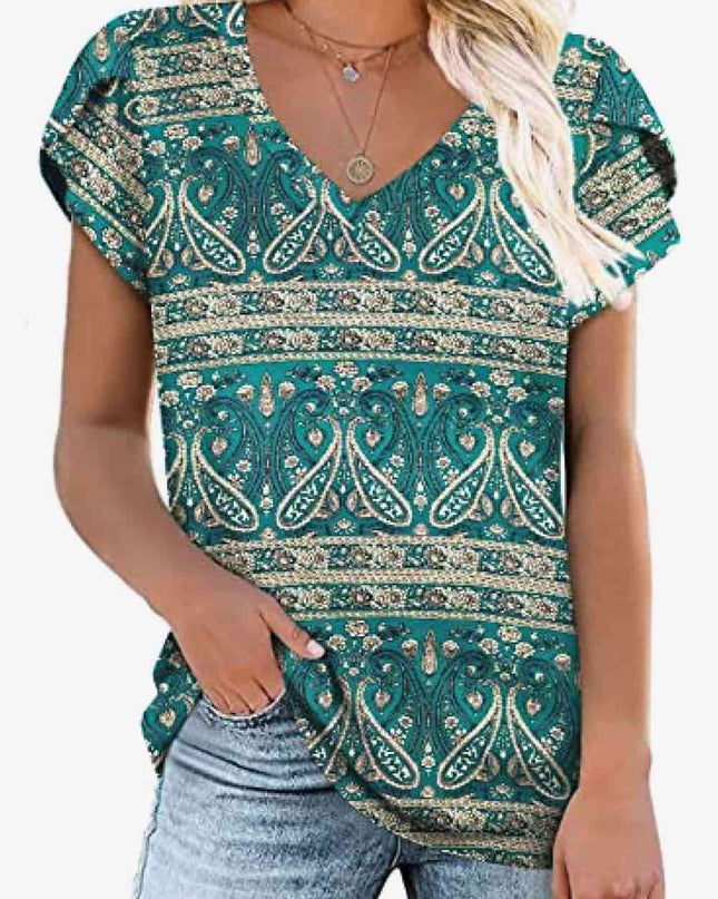 Printed Petal Sleeve V-Neck Blouse