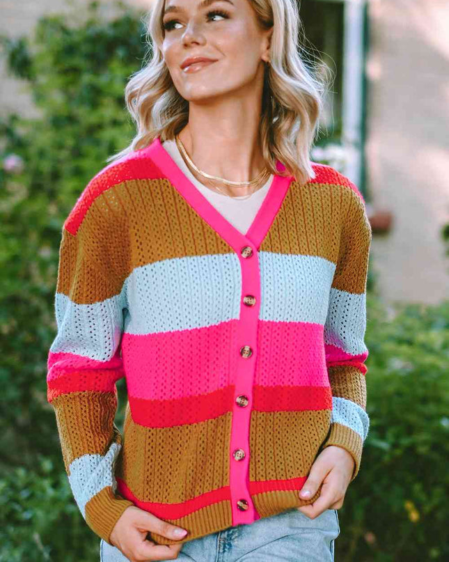 Striped V-Neck Button Up Cardigan
