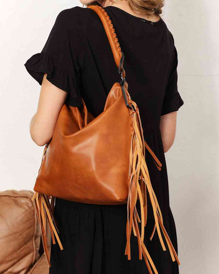 SHOMICO PU Leather Fringe Detail Shoulder Bag