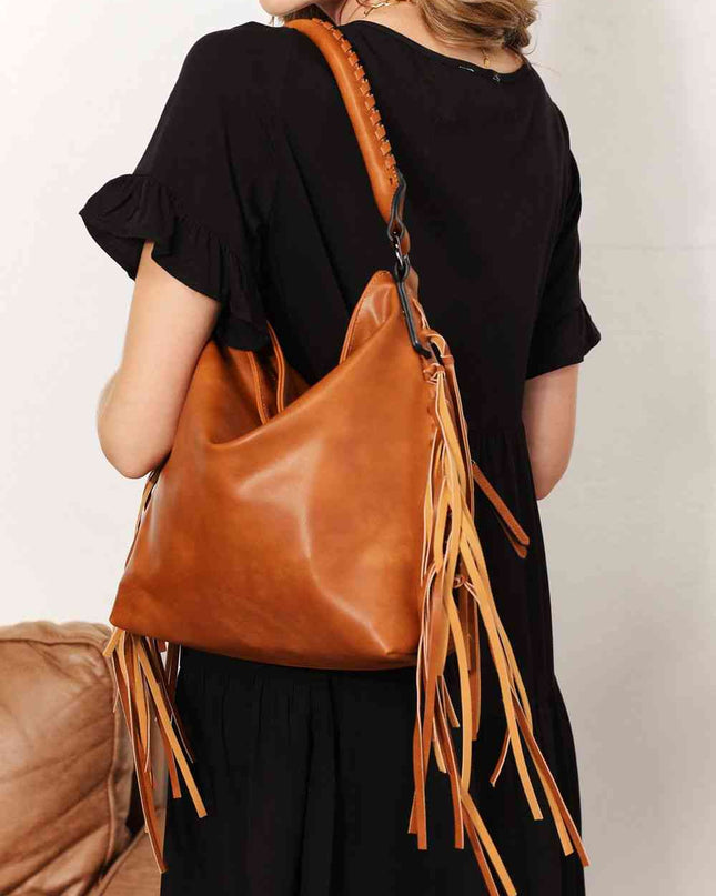 SHOMICO PU Leather Fringe Detail Shoulder Bag
