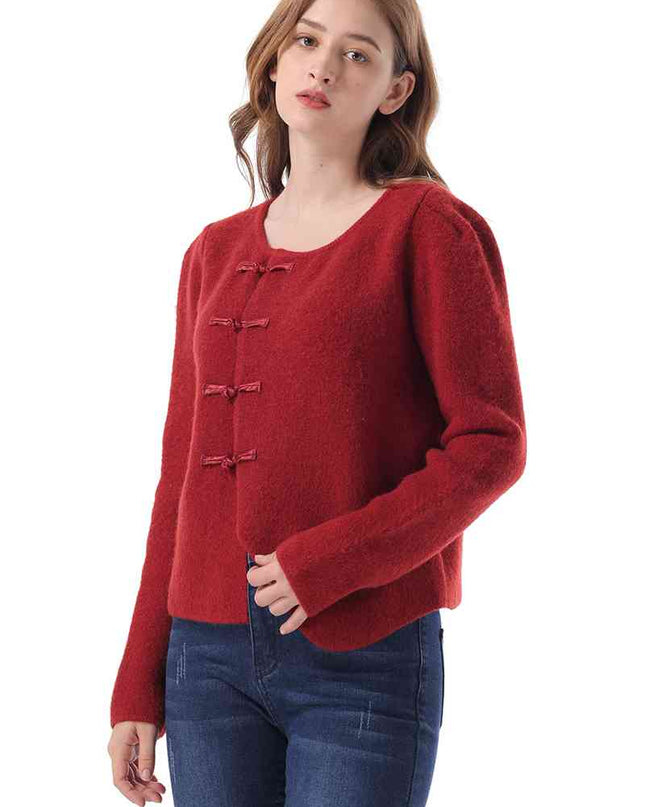 Round Neck Long Sleeve Frog Button Cardigan