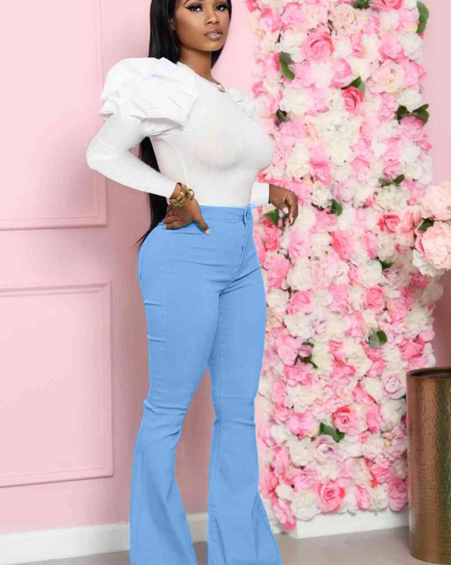 Leg-Of-Mutton Sleeve Top and Flare Pants Set