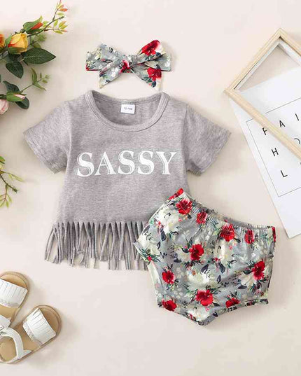 Fringe Detail SASSY Graphic T-Shirt and Floral Print Shorts Set