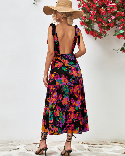 Multicolored V-Neck Backless Midi Dress
