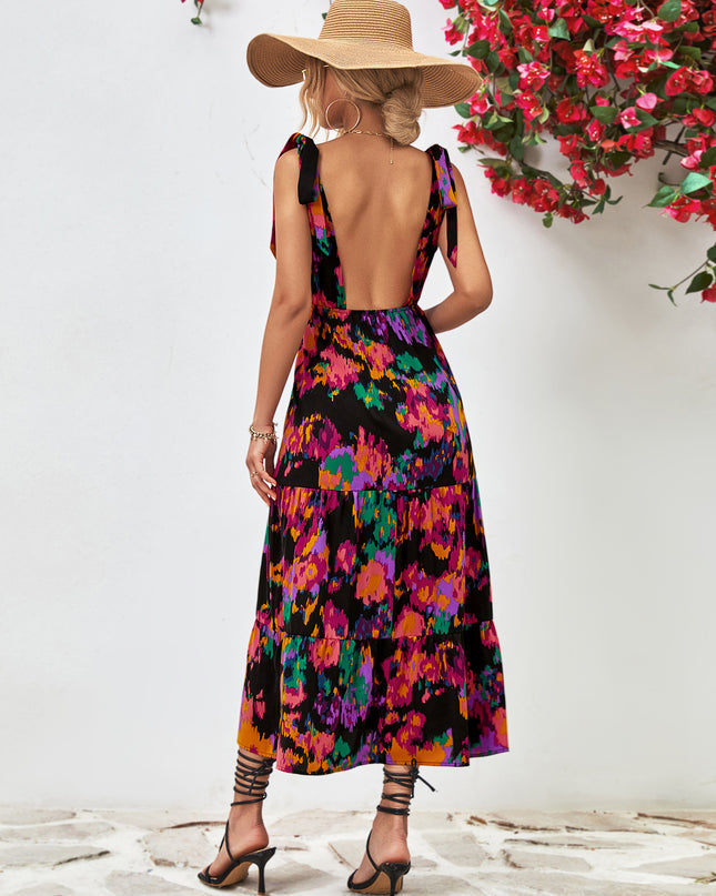 Multicolored V-Neck Backless Midi Dress