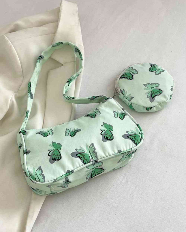 Butterfly Print Shoulder Bag with Purse