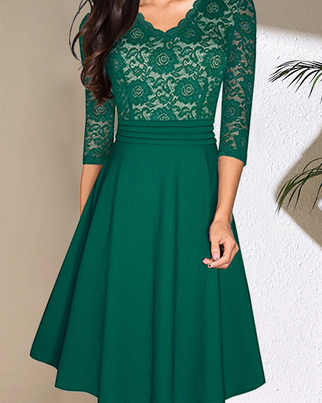 V-Neck Lace Detail Knee-Length Dress