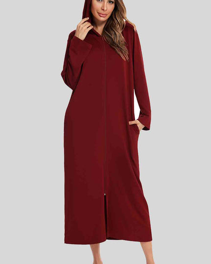 Zip Front Hooded Night Dress with Pockets