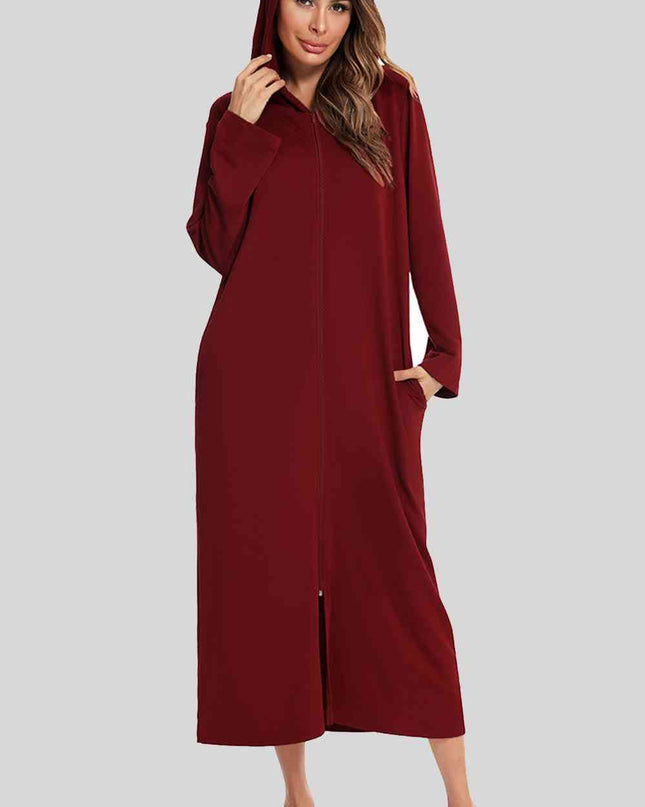 Zip Front Hooded Night Dress with Pockets