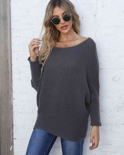 Full Size Horizontal Ribbing Dolman Sleeve Sweater