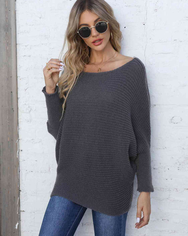 Full Size Horizontal Ribbing Dolman Sleeve Sweater
