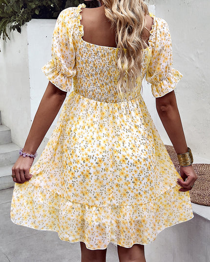 Floral Smocked Square Neck Flounce Sleeve Dress