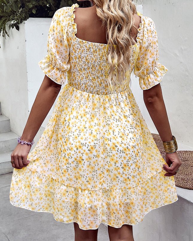 Floral Smocked Square Neck Flounce Sleeve Dress