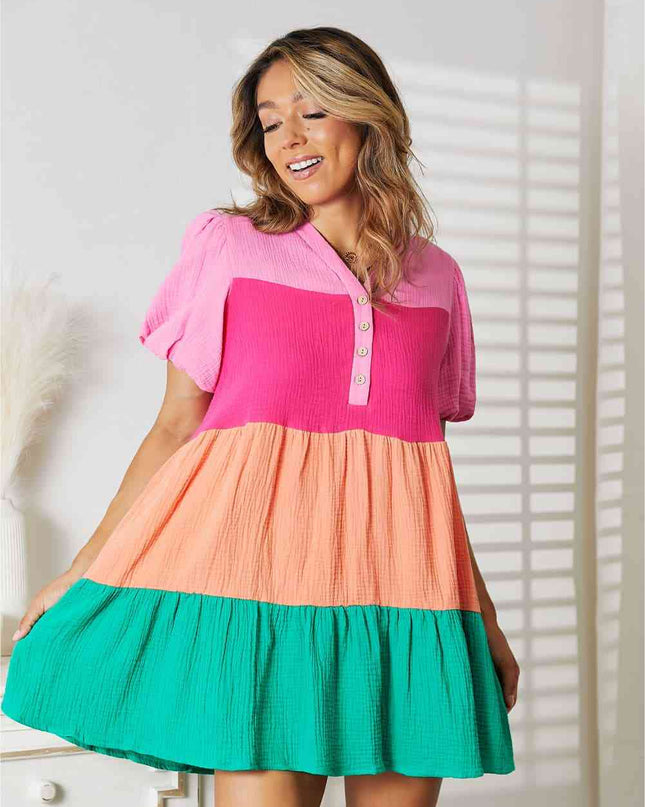 Double Take Color Block Buttoned Puff Sleeve Dress