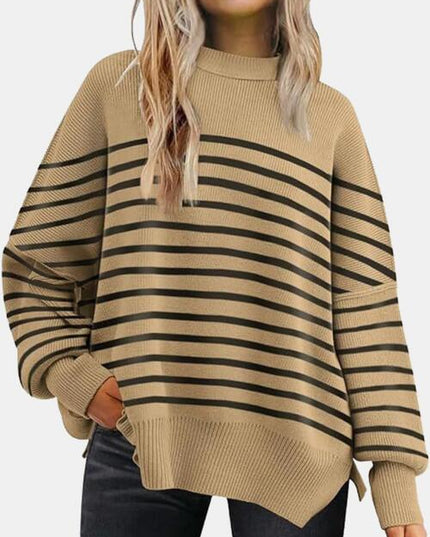 Round Neck Drop Shoulder Slit Sweater