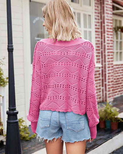 V-Neck Openwork Long Sleeve Sweater