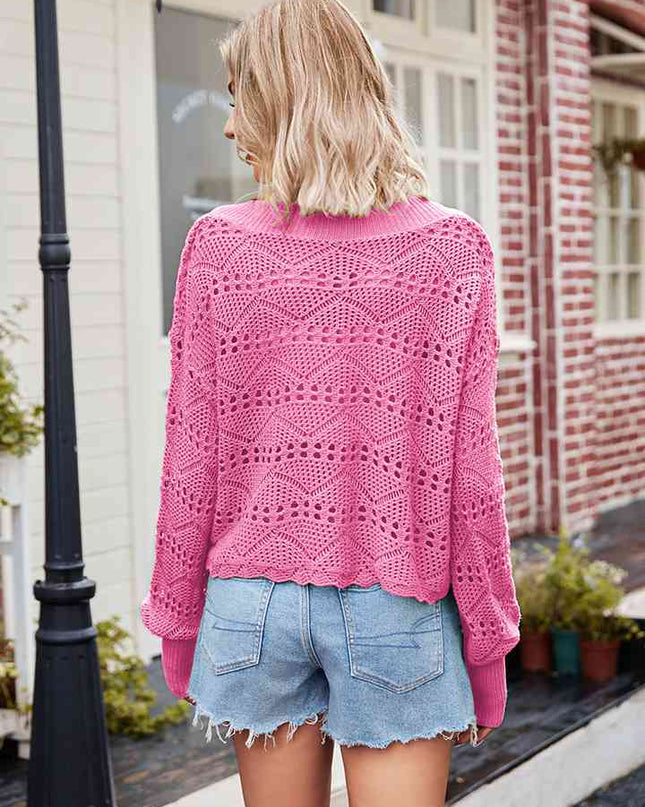 V-Neck Openwork Long Sleeve Sweater