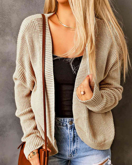 Open Front Drop Shoulder Rib-Knit Cardigan