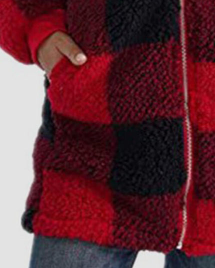 Plaid Zip Up Hooded Jacket with Pockets