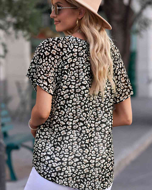 Floral Notched Neck Flutter Sleeve Blouse